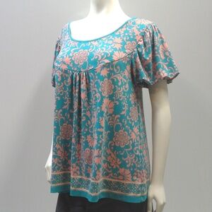 Vintage Bohemian Peasant Top Puff Sleeves Turquoise Coral Floral Print Size Med